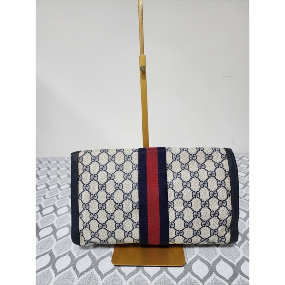Gucci Vintage GG Sherry Line PVC Leather Clutch Beige/Navy Blue - Picture 3 of 14